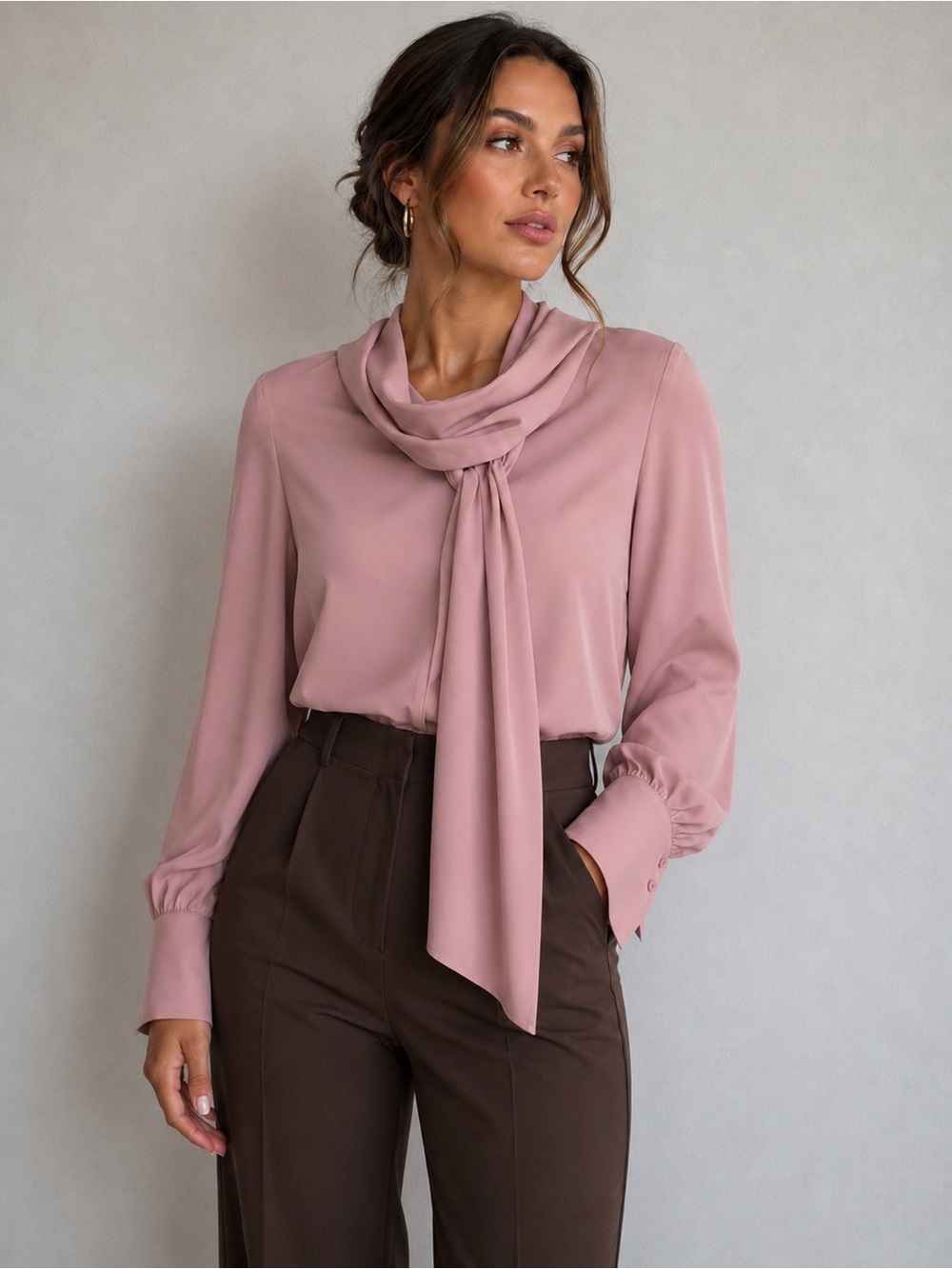 Anne Klein Dusty Rose Tie-Neck Blouse
